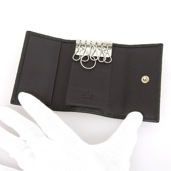 Excellent GUCCI Key holder Guccissima Interlocking G 6-row black leather mens 181680