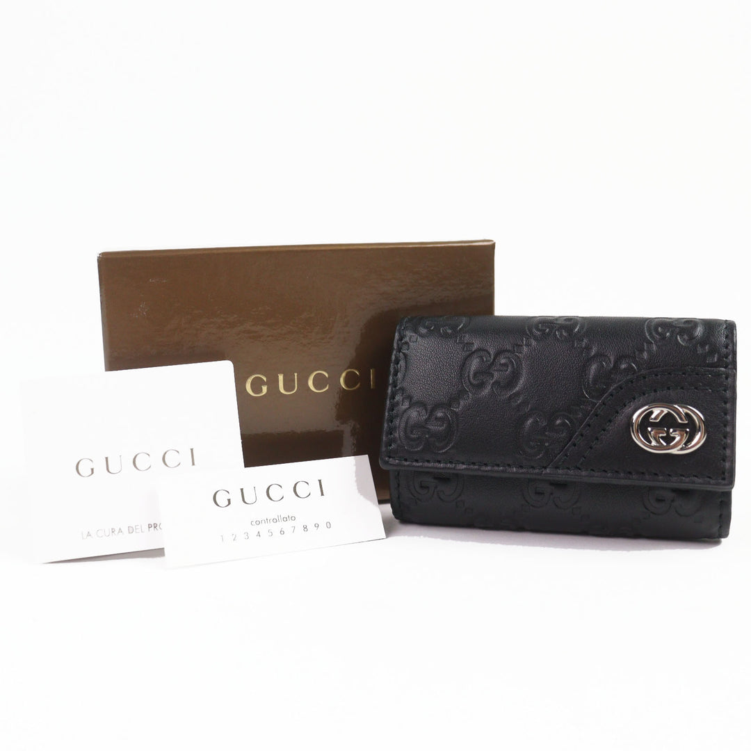 Excellent GUCCI Key holder Guccissima Interlocking G 6-row black leather mens 181680