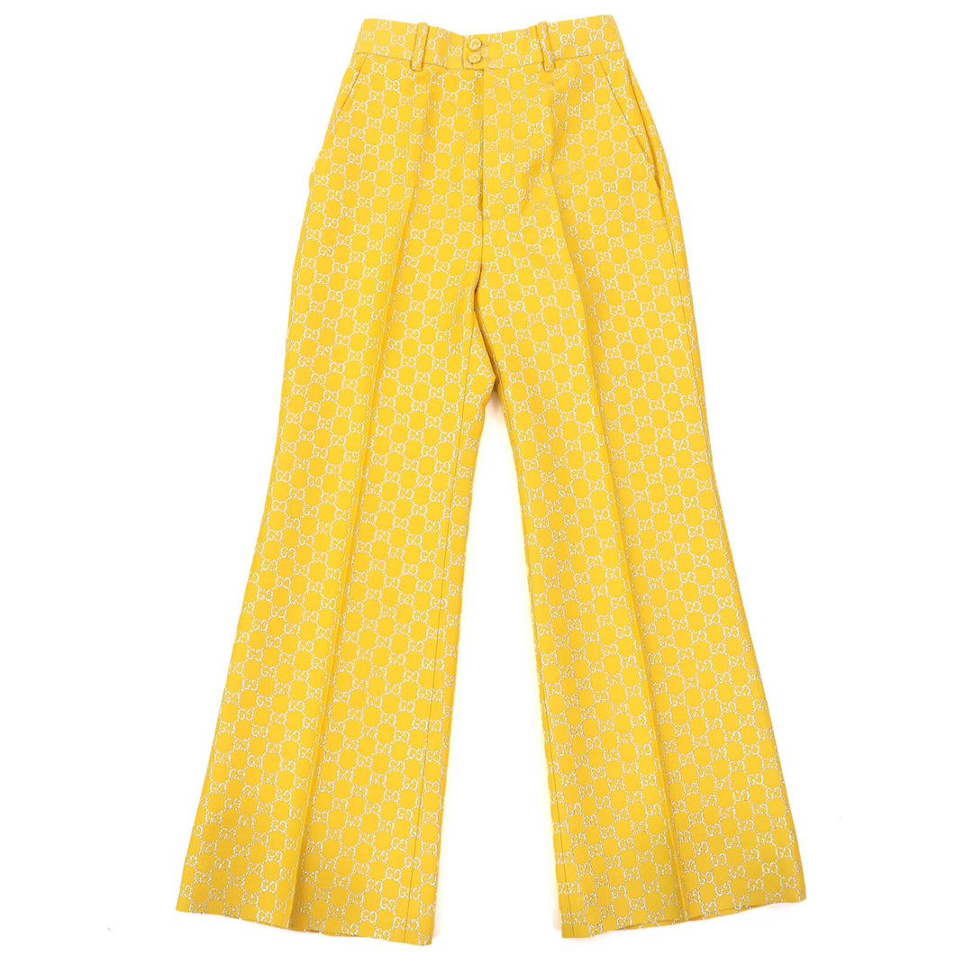 Excellent GUCCI Pants GG Jacquard Flare Pants Bell Bottom Trousers Yellow 36