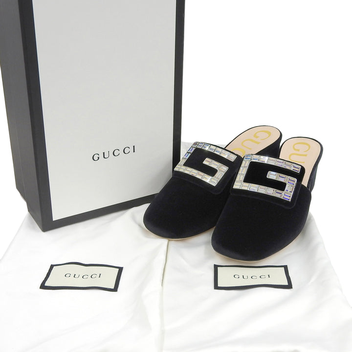 Pristine GUCCI Mule SOFTY VELVET with G Mark jewels black Velor Women 34 551438