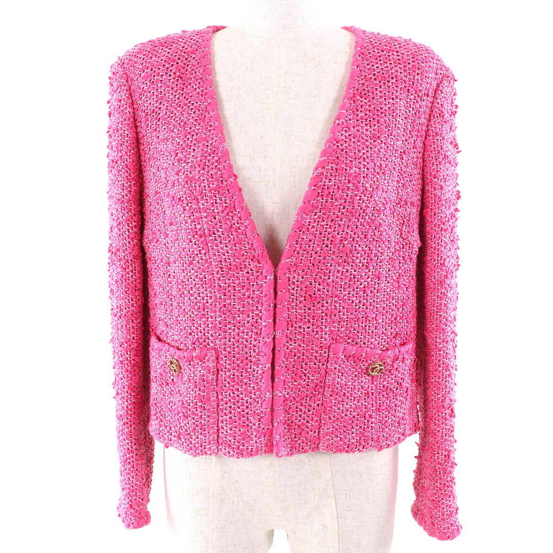 Excellent CHANEL collarless jacket pink cotton Women 36 P70041