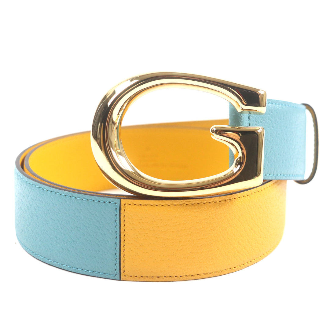 Excellent GUCCI belt G logo buckle leather Yellow blue leather mens 709954