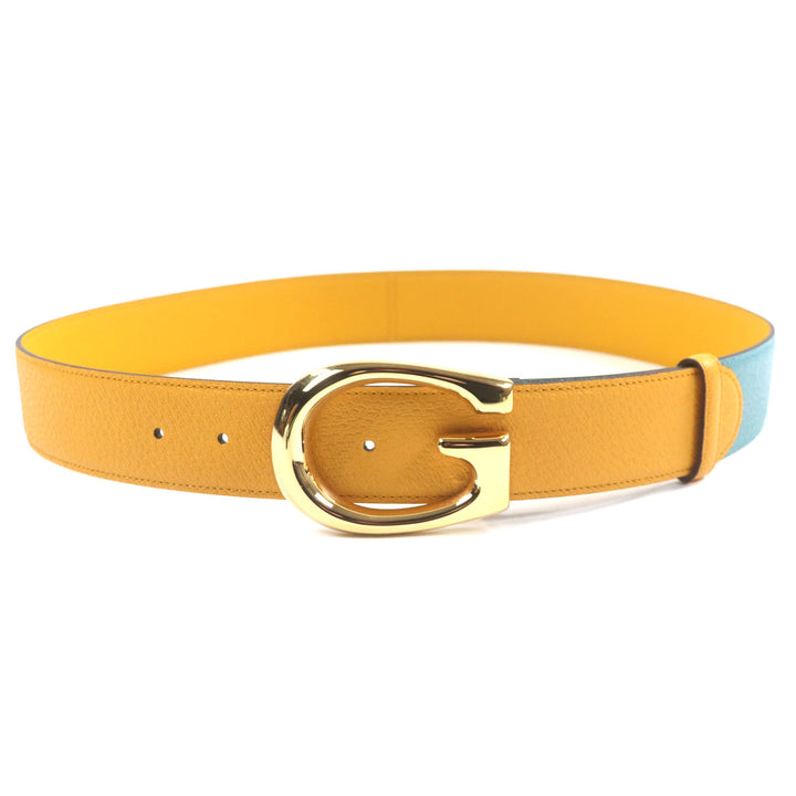 Excellent GUCCI belt G logo buckle leather Yellow blue leather mens 709954