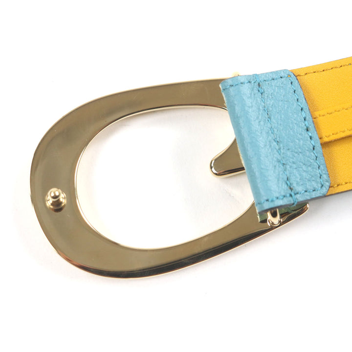 Excellent GUCCI belt G logo buckle leather Yellow blue leather mens 709954