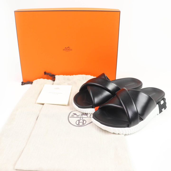 Pristine HERMES Sandals infrastructure H logo leather flats black Women 35.5