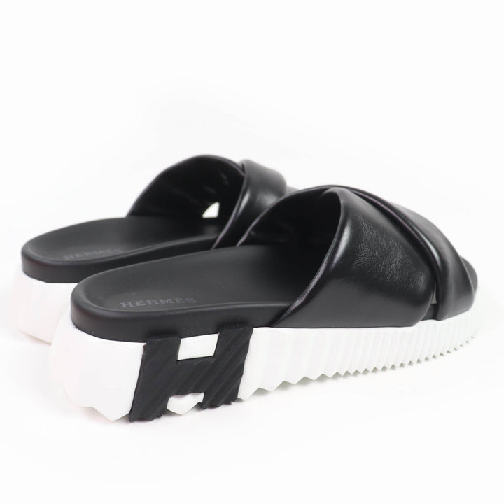 Pristine HERMES Sandals infrastructure H logo leather flats black Women 35.5