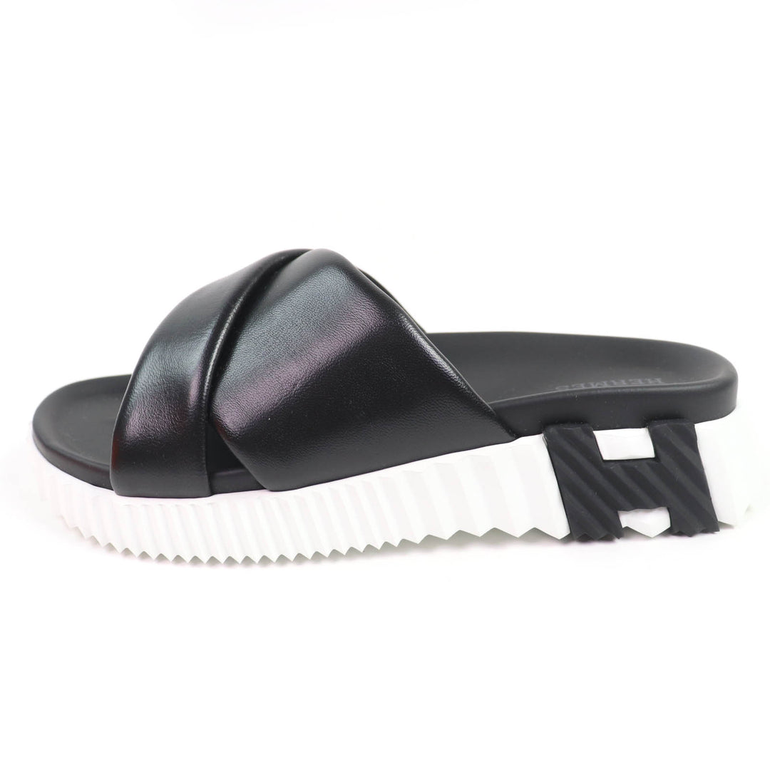 Pristine HERMES Sandals infrastructure H logo leather flats black Women 35.5