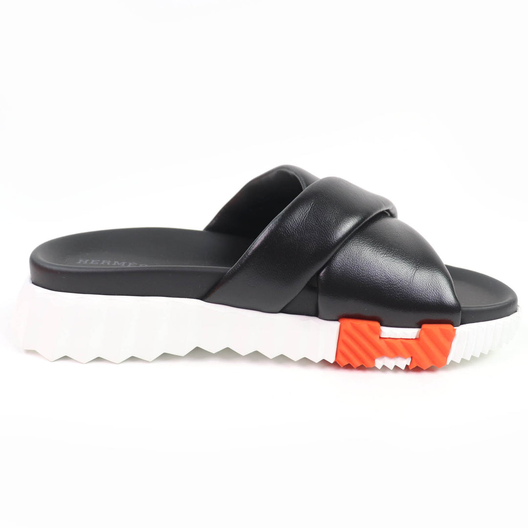 Pristine HERMES Sandals infrastructure H logo leather flats black Women 35.5