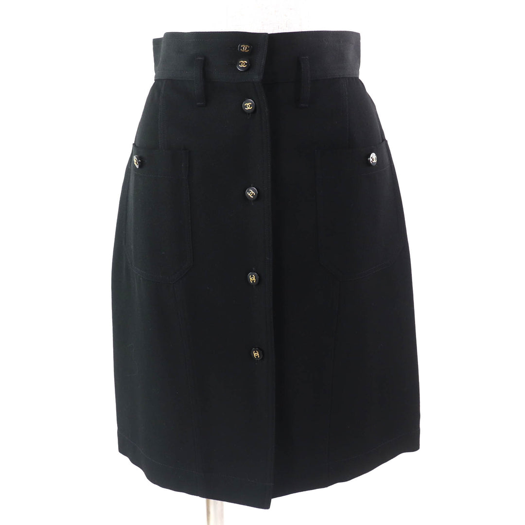 Excellent CHANEL Tight Skirt COCO Mark Button COCO Button black wool Women 36 P04919
