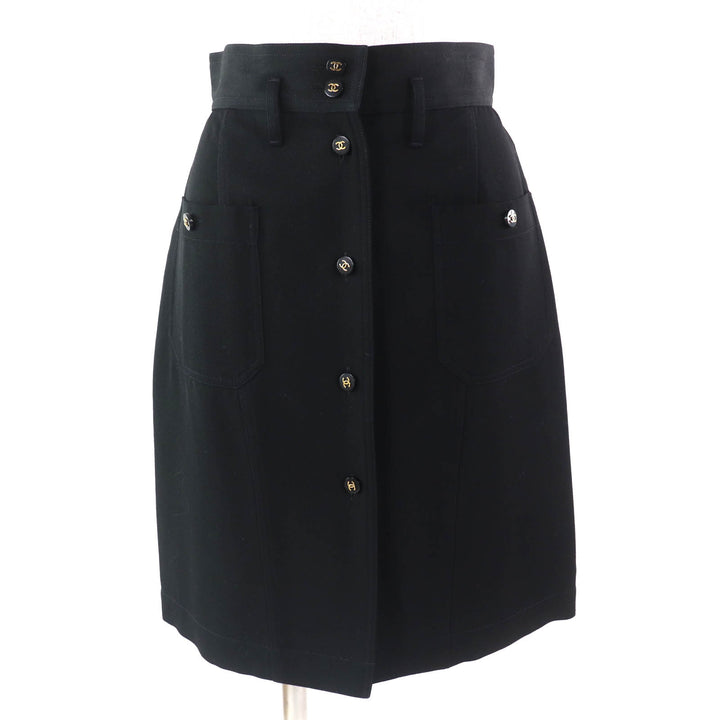 Excellent CHANEL Tight Skirt COCO Mark Button COCO Button black wool Women 36 P04919