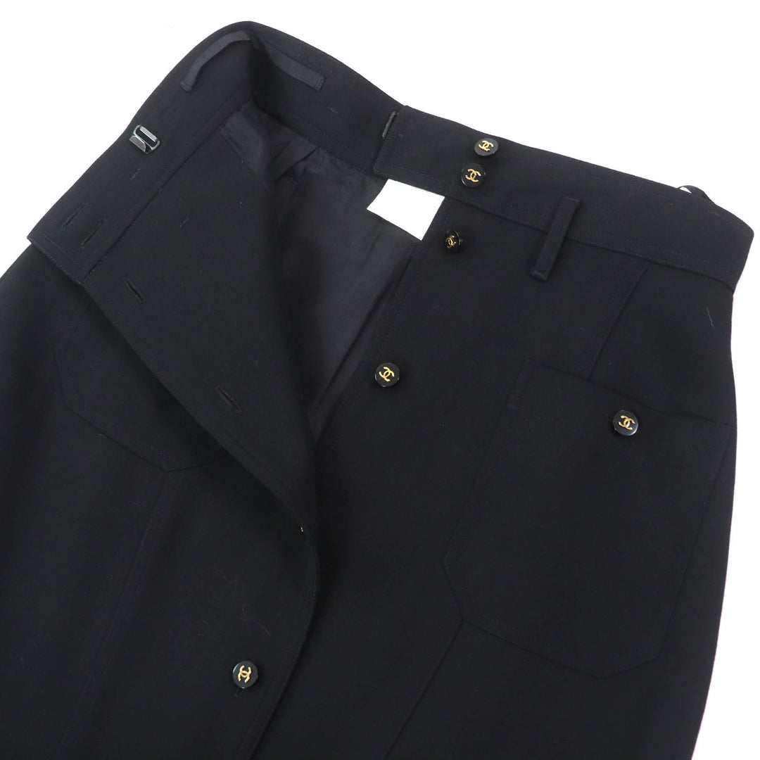 Excellent CHANEL Tight Skirt COCO Mark Button COCO Button black wool Women 36 P04919