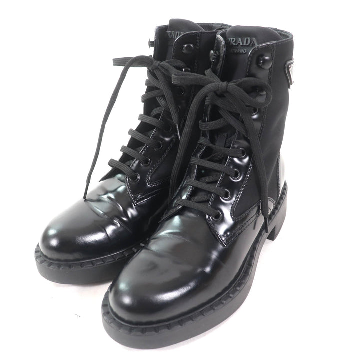 Great PRADA short boots Re-Nylon triangle logo brushed leather black 37 1T782M