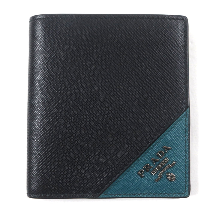 Excellent PRADA Bifold Wallet Black green Safiano leather mens 2MO004