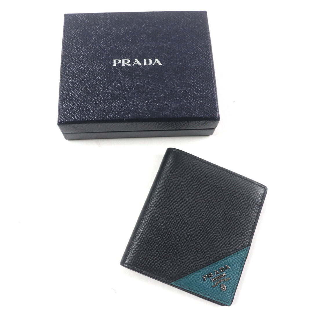 Excellent PRADA Bifold Wallet Black green Safiano leather mens 2MO004