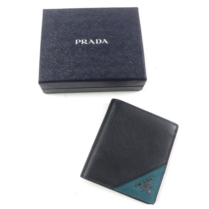 Excellent PRADA Bifold Wallet Black green Safiano leather mens 2MO004