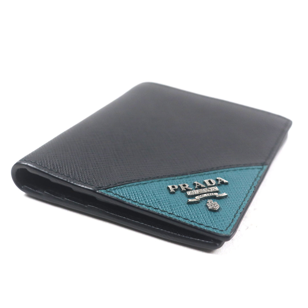 Excellent PRADA Bifold Wallet Black green Safiano leather mens 2MO004