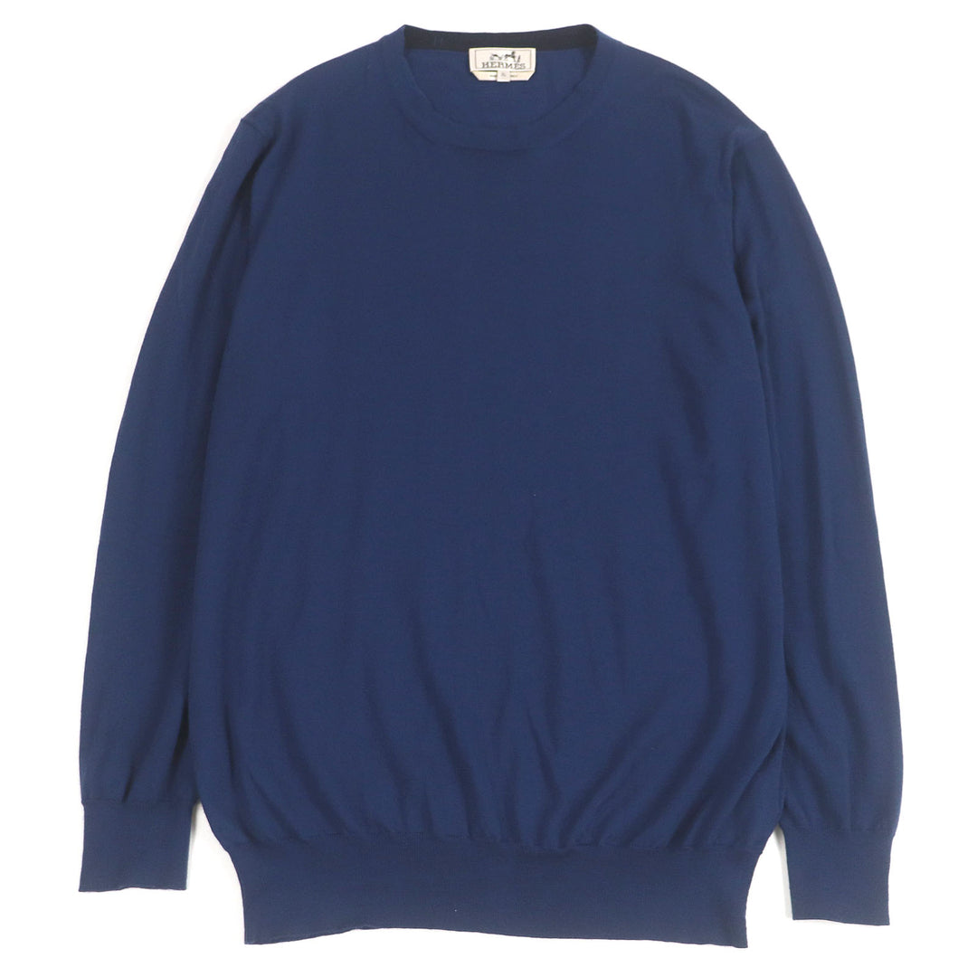 Very Good HERMES sweater Lightweight crew neck long sleeve knit Navy hair mens XL