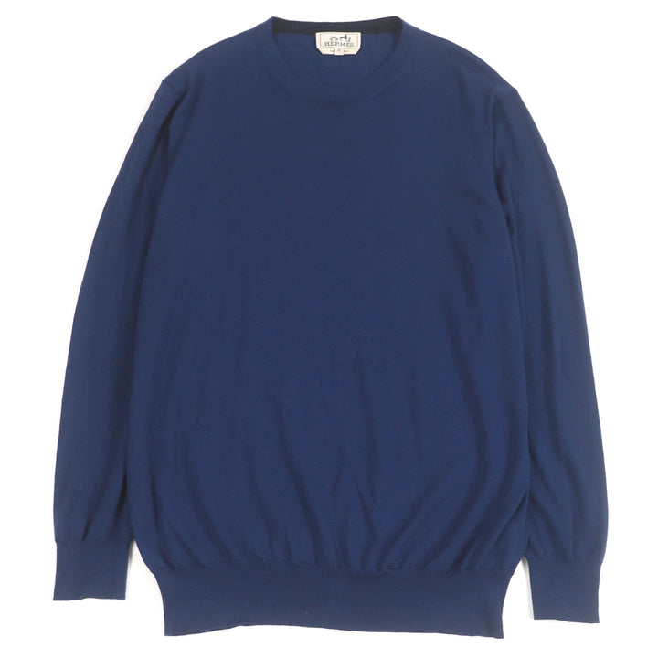 Very Good HERMES sweater Lightweight crew neck long sleeve knit Navy hair mens XL