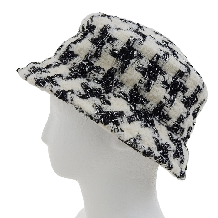 Excellent CHANEL hat COCO Mark Houndstooth Tweed Hat White black wool Women M