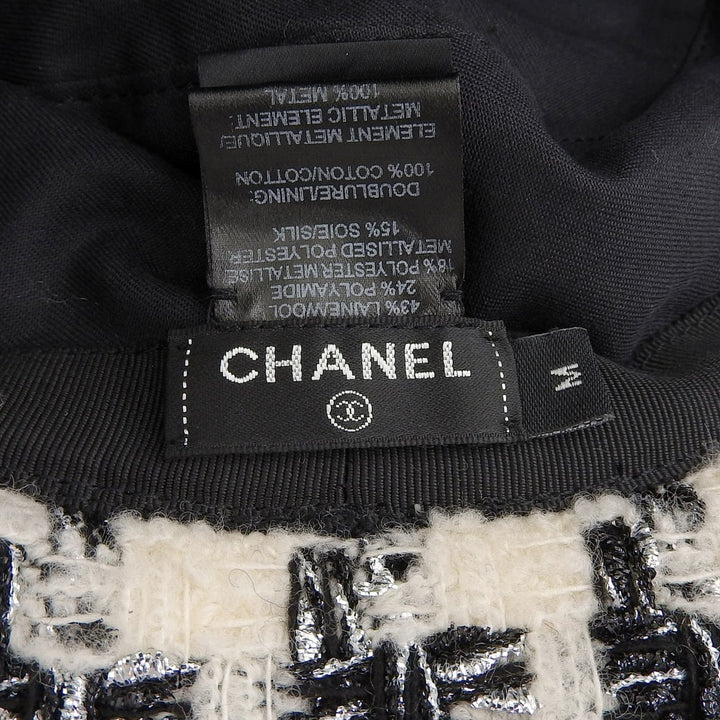 Excellent CHANEL hat COCO Mark Houndstooth Tweed Hat White black wool Women M 21V