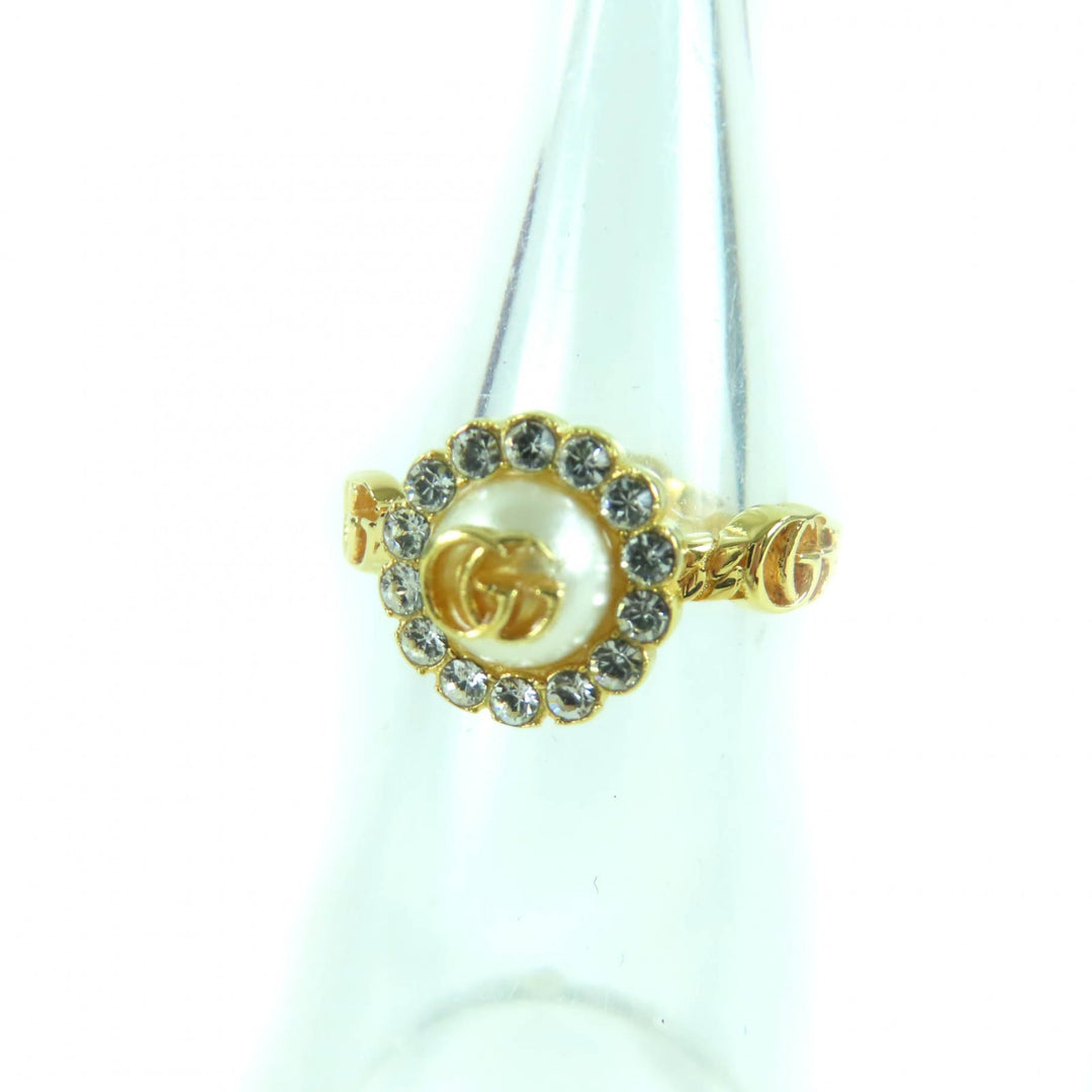 Excellent GUCCI Ring Double G Rhinestone F Pearl Flower gold Women XS 702585