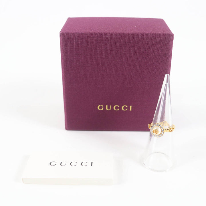 Excellent GUCCI Ring Double G Rhinestone F Pearl Flower gold Women XS 702585
