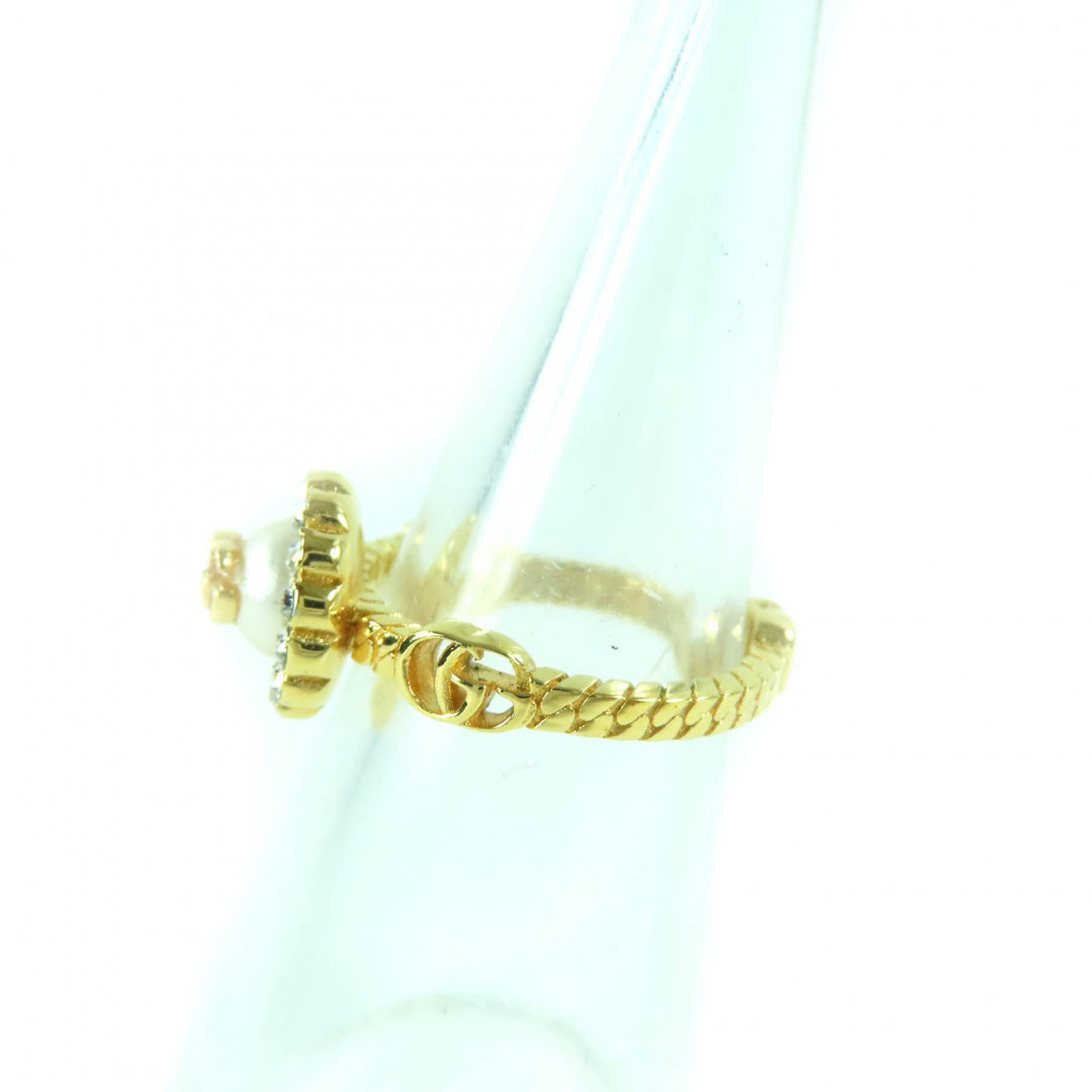 Excellent GUCCI Ring Double G Rhinestone F Pearl Flower gold Women XS 702585