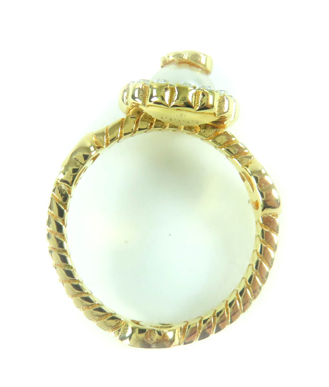 Excellent GUCCI Ring Double G Rhinestone F Pearl Flower gold Women XS 702585