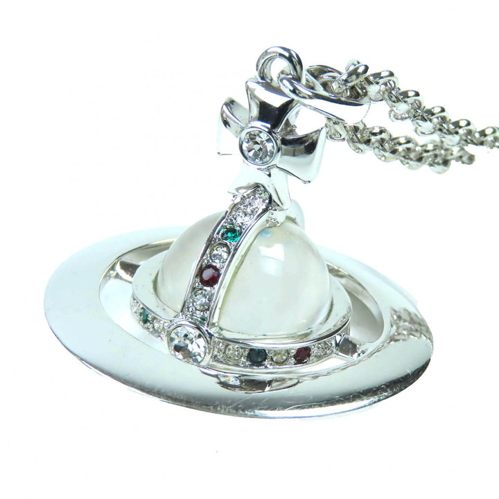 Excellent Vivienne Westwood Necklace Small Orb Pendant Rhinestone Decoration Silver Women