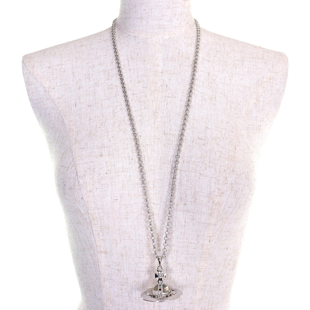 Excellent Vivienne Westwood Necklace Small Orb Pendant Rhinestone Decoration Silver Women