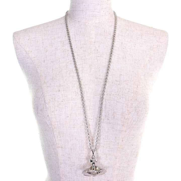 Excellent Vivienne Westwood Necklace Small Orb Pendant Rhinestone Decoration Silver Women