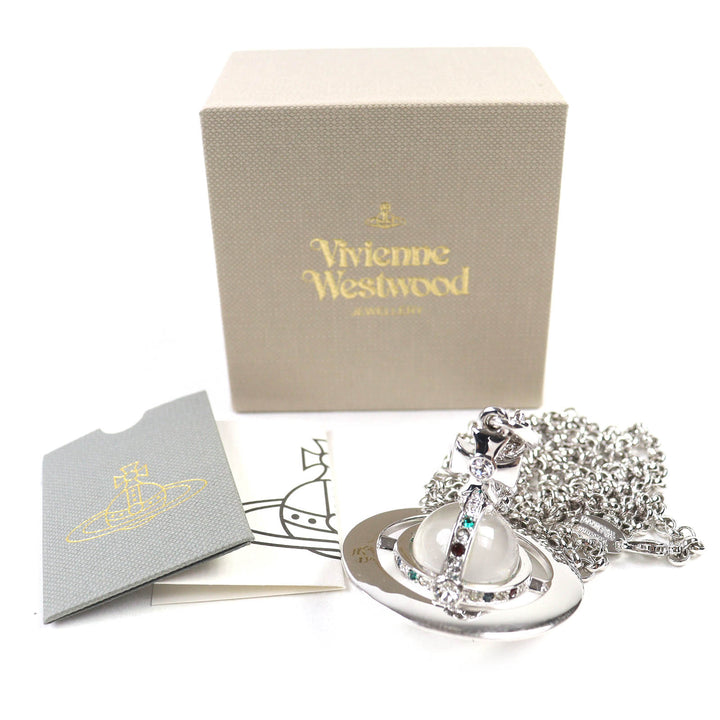 Excellent Vivienne Westwood Necklace Small Orb Pendant Rhinestone Decoration Silver Women