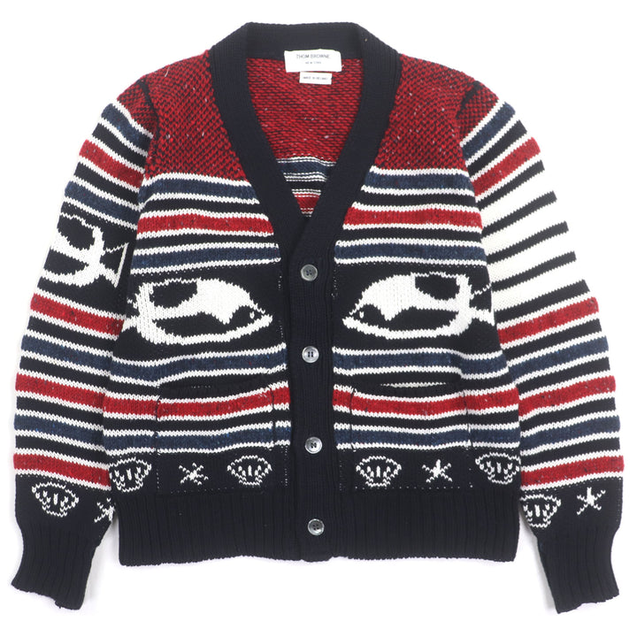 Great THOM BROWNE cardigan Fish print V-neck knit Multi cotton mens 1 MKC029
