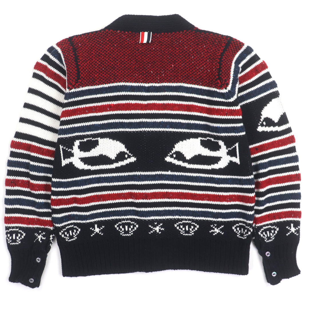Great THOM BROWNE cardigan Fish print V-neck knit Multi cotton mens 1 MKC029