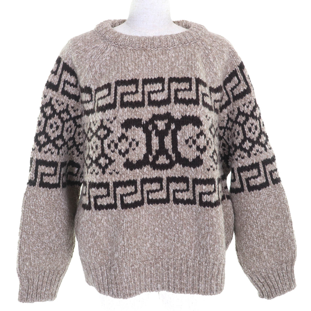 Excellent CELINE knit Triomphe crew neck long sleeve knit sweater Brown wool L