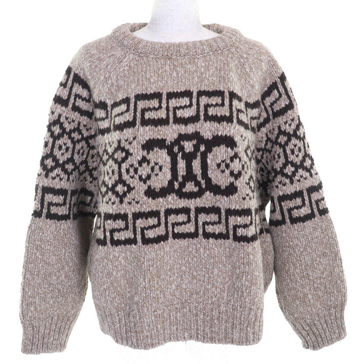 Excellent CELINE knit Triomphe crew neck long sleeve knit sweater Brown wool L