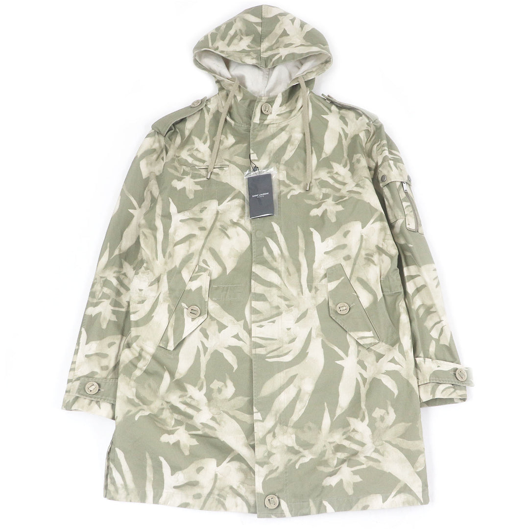 Excellent SAINT LAURENT PARIS coat Leaf Print Hooded Mod Coat Military Jacket khaki