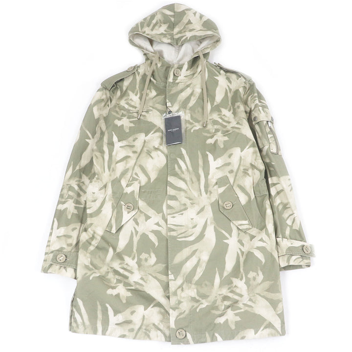 Excellent SAINT LAURENT PARIS coat Leaf Print Hooded Mod Coat Military Jacket khaki