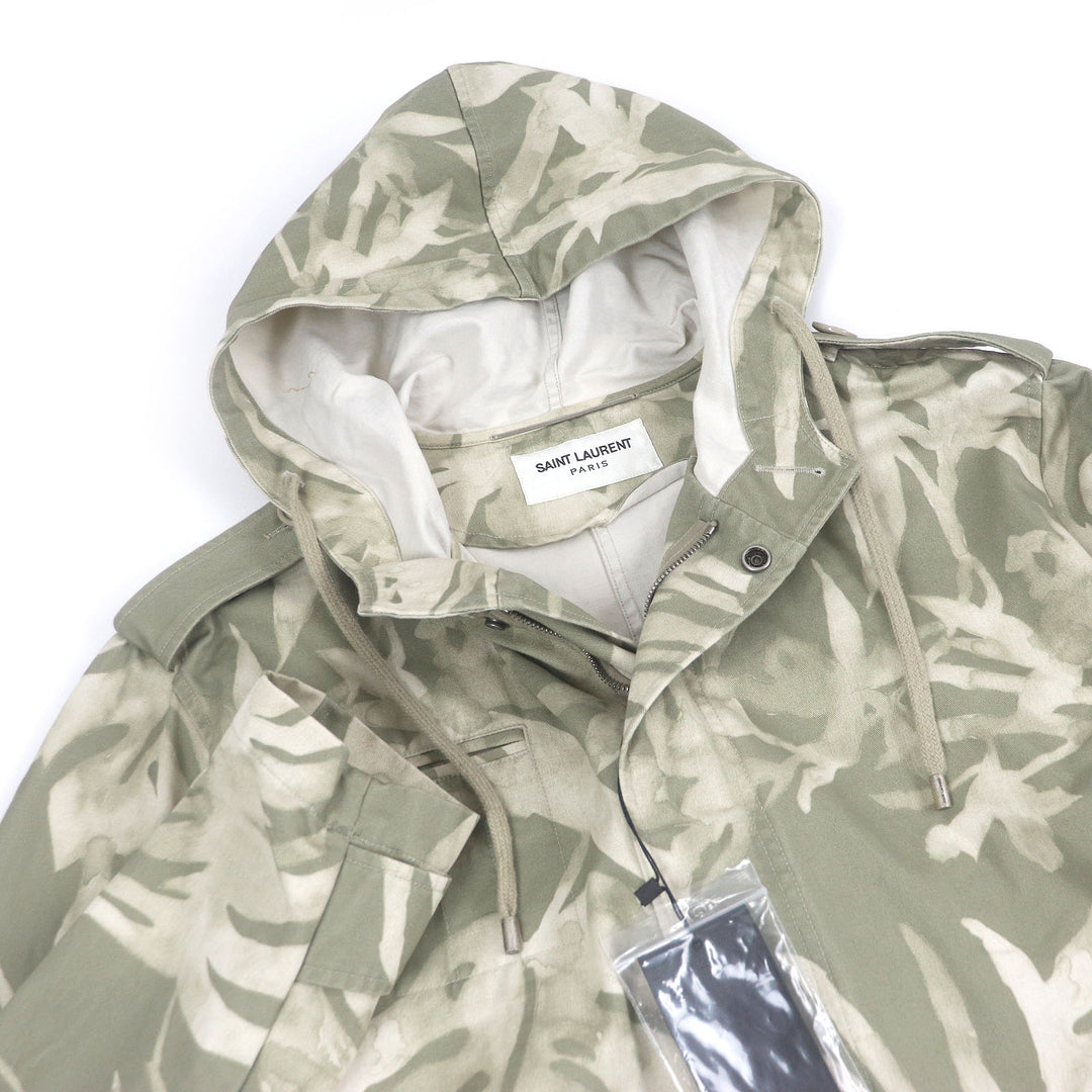 Excellent SAINT LAURENT PARIS coat Leaf Print Hooded Mod Coat Military Jacket khaki