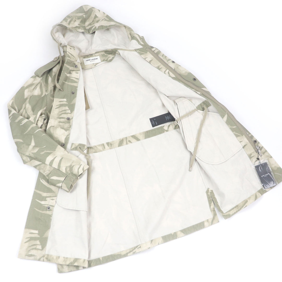 Excellent SAINT LAURENT PARIS coat Leaf Print Hooded Mod Coat Military Jacket khaki