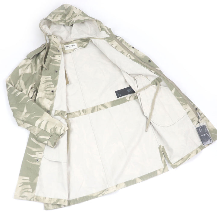 Excellent SAINT LAURENT PARIS coat Leaf Print Hooded Mod Coat Military Jacket khaki
