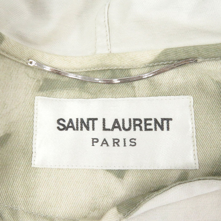 Excellent SAINT LAURENT PARIS coat Leaf Print Hooded Mod Coat Military Jacket khaki