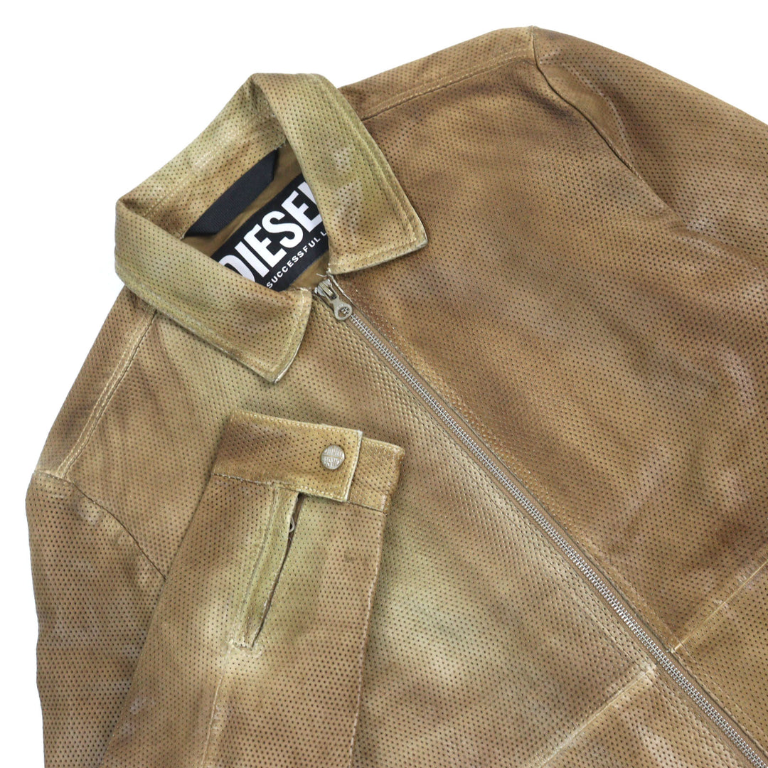Great DIESEL leather jacket L-CLIME Logo zip faded punching Brown Sheepskin 48 A08807