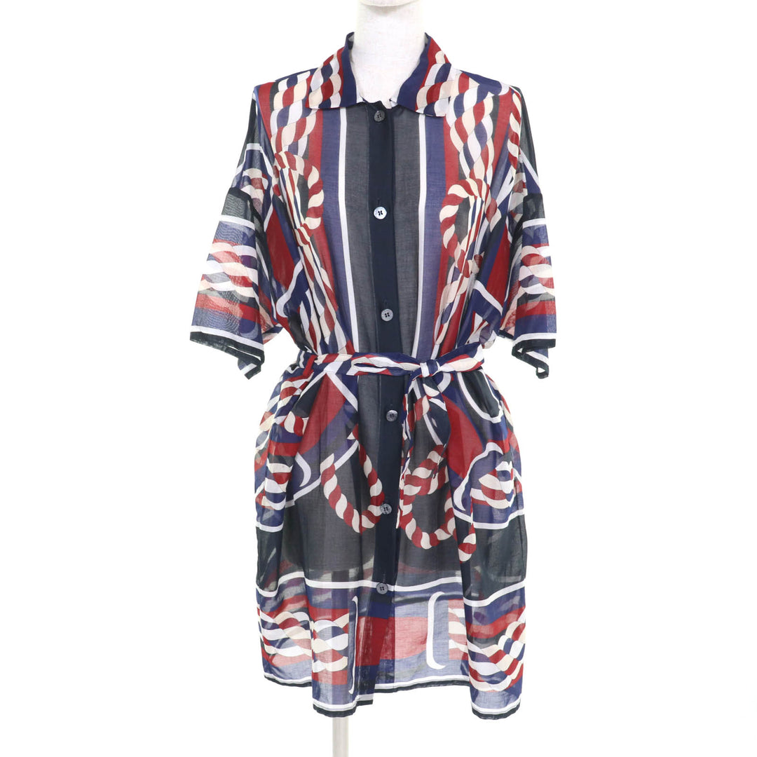 Excellent HERMES one piece Belted Canoe Pareo Tunic Multi cotton Women 36