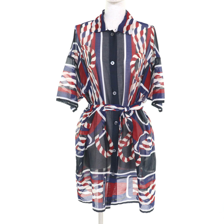 Excellent HERMES one piece Belted Canoe Pareo Tunic Multi cotton Women 36