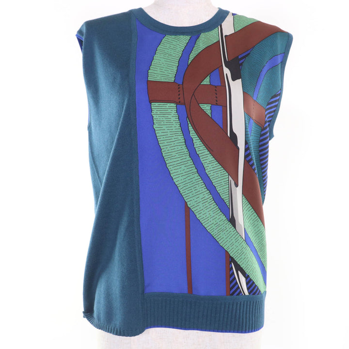 Excellent HERMES tops Sleeveless knit Blue green silk Women 38