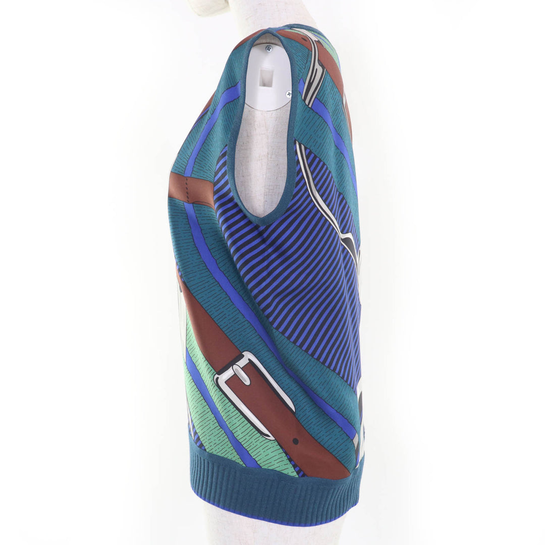 Excellent HERMES tops Sleeveless knit Blue green silk Women 38