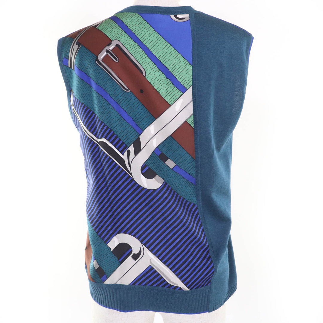 Excellent HERMES tops Sleeveless knit Blue green silk Women 38