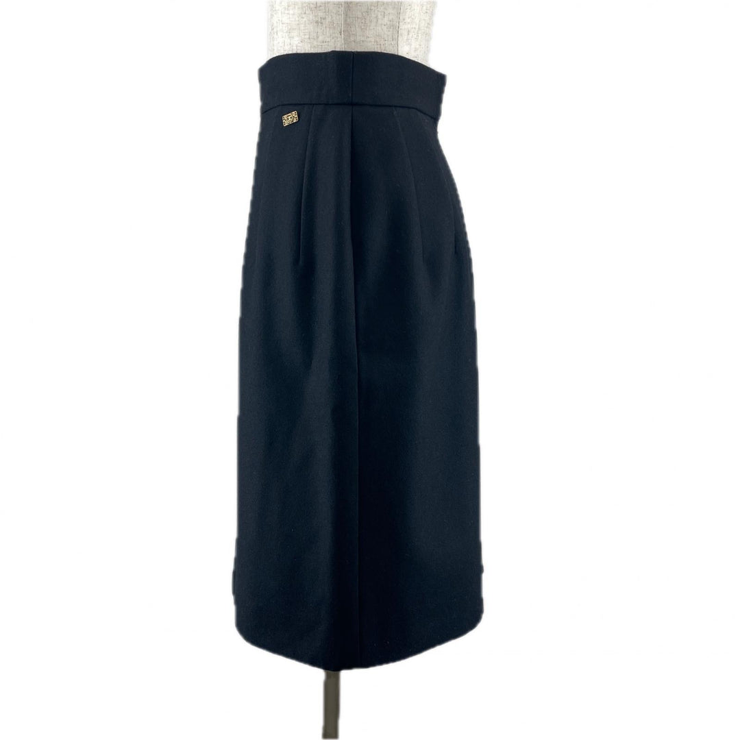 Great CHANEL Tight Skirt COCO Mark Button Knee Length black wool Women 36 P41438