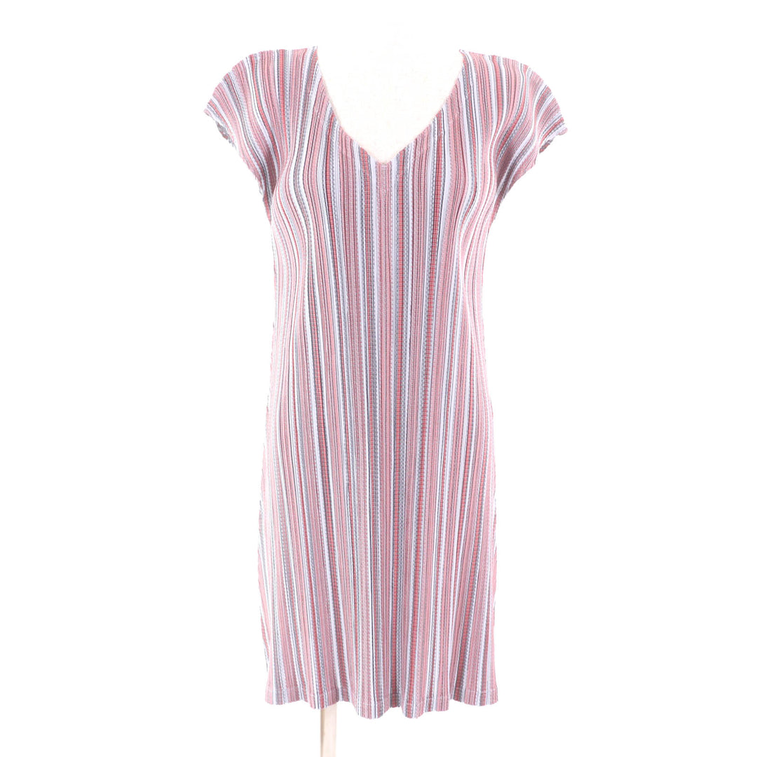 Excellent PLEATS PLEASE Tunic Stripe Pattern V-neck short sleeve dress Women 3